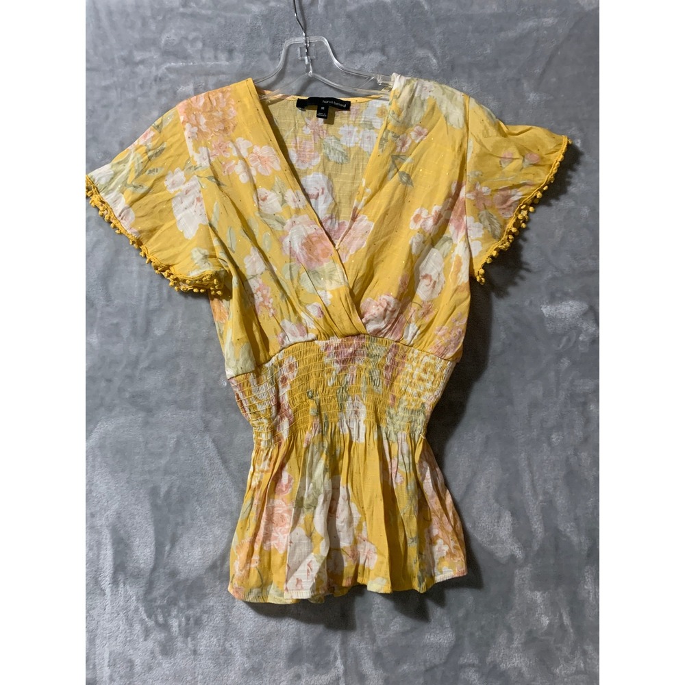 Harvé Benard Womens Medium‎ Yellow Floral Print Pom Pom Trim Smocked Blouse Top